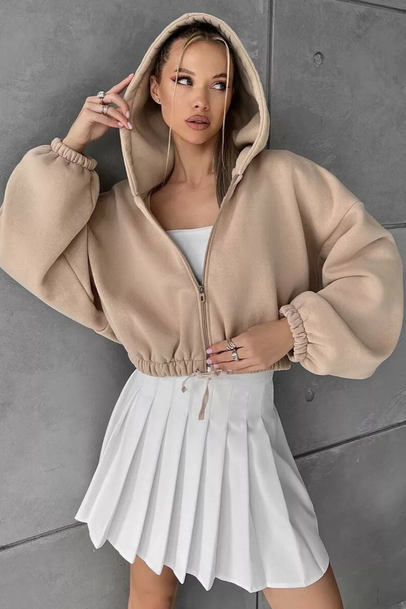 Cropped Waist Cinched Long Sleeve Zip-Up Hoodie