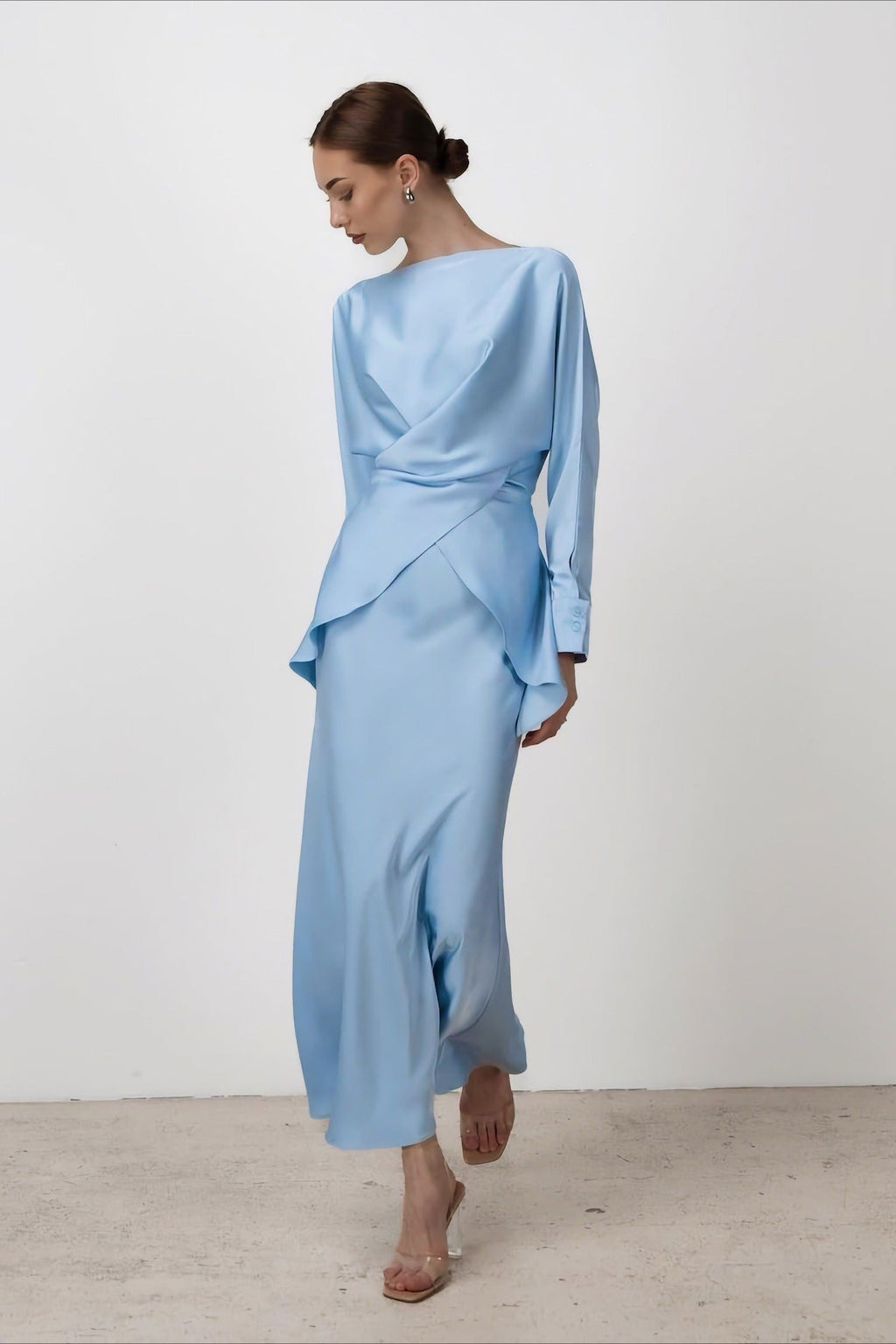Solid Satin Cinched Waist Skirt Set