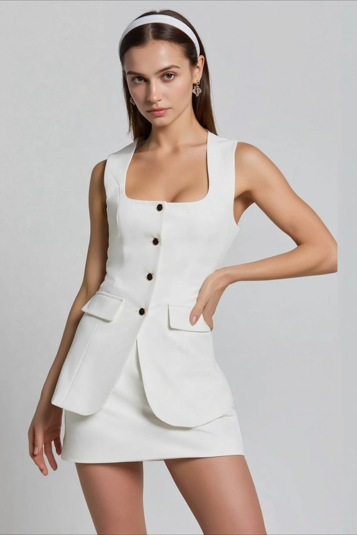 Square Neck Sleeveless Button Vest Bodycon Two Piece Work Set Secondary image
