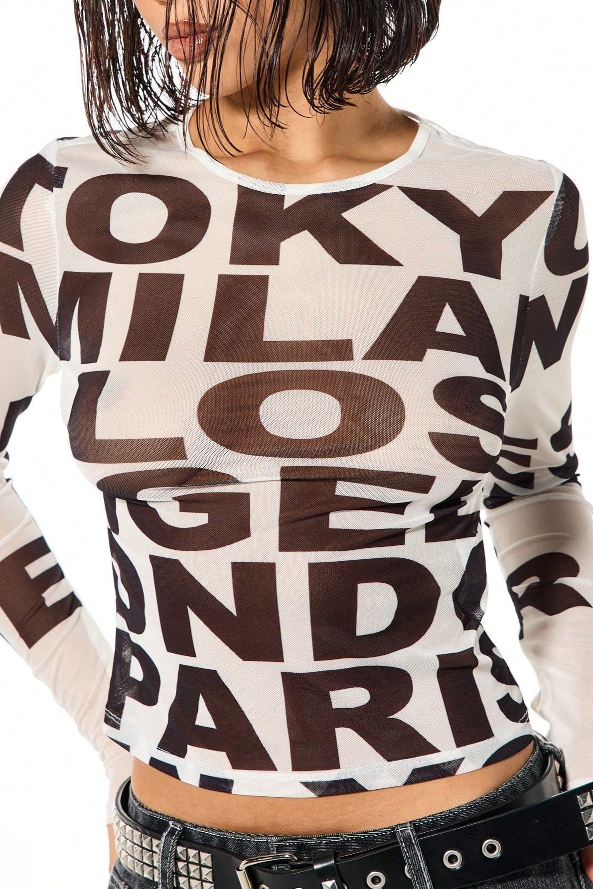 Oversized Letter Print Mesh Long Sleeve T-Shirt Main image