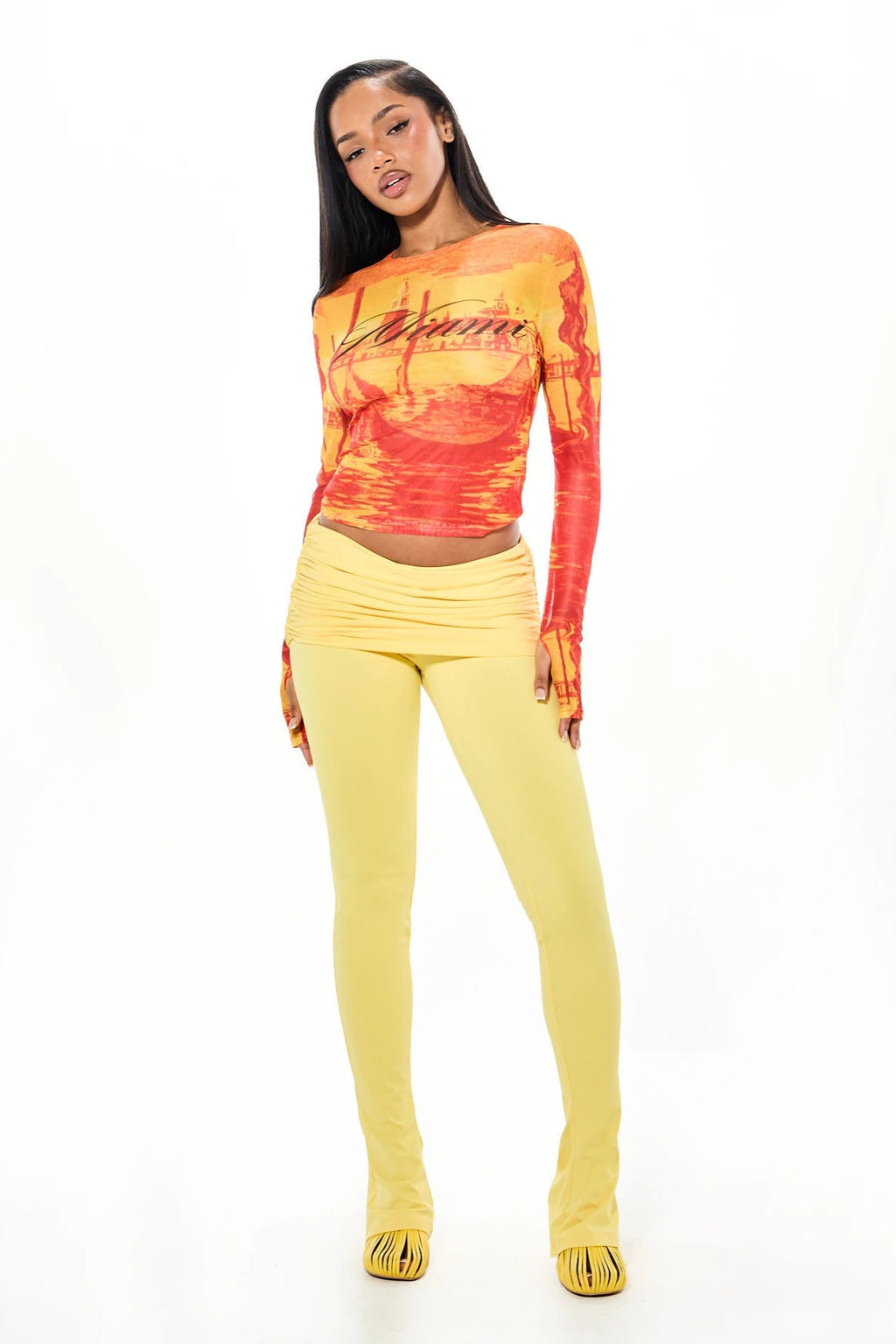 City Print Sheer Thumbhole Long Sleeve Crop Top