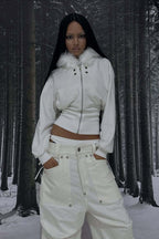 Faux Fur Trim Patterned Cropped Zip Hoodie