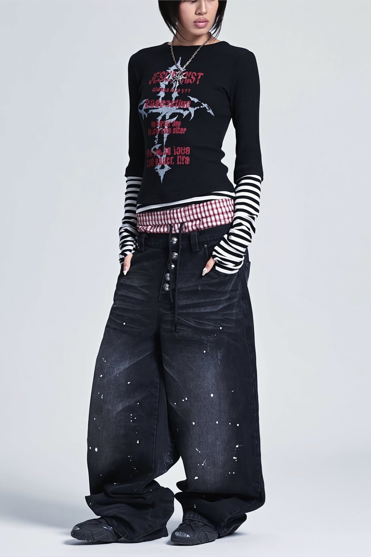 Gothic Plaid Layered Graphic Long Sleeve T-Shirt