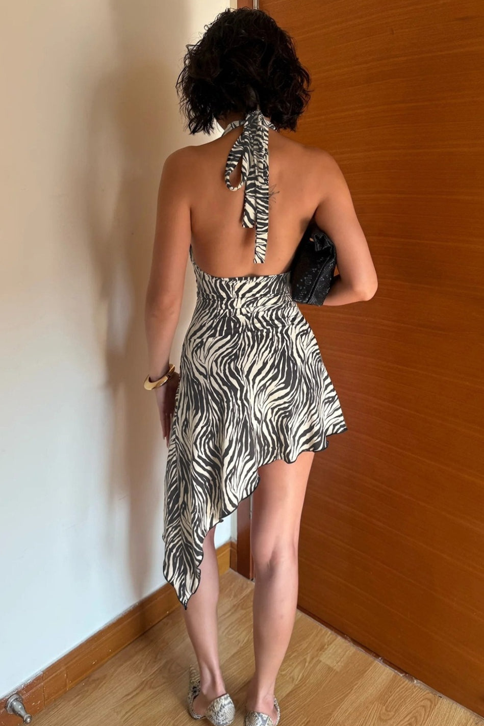 Zebra Print Plunge Halter Asymmetric Mini Dress