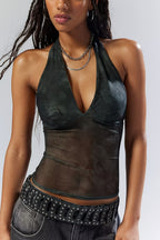 Printed Mesh Halter Backless Crop Top
