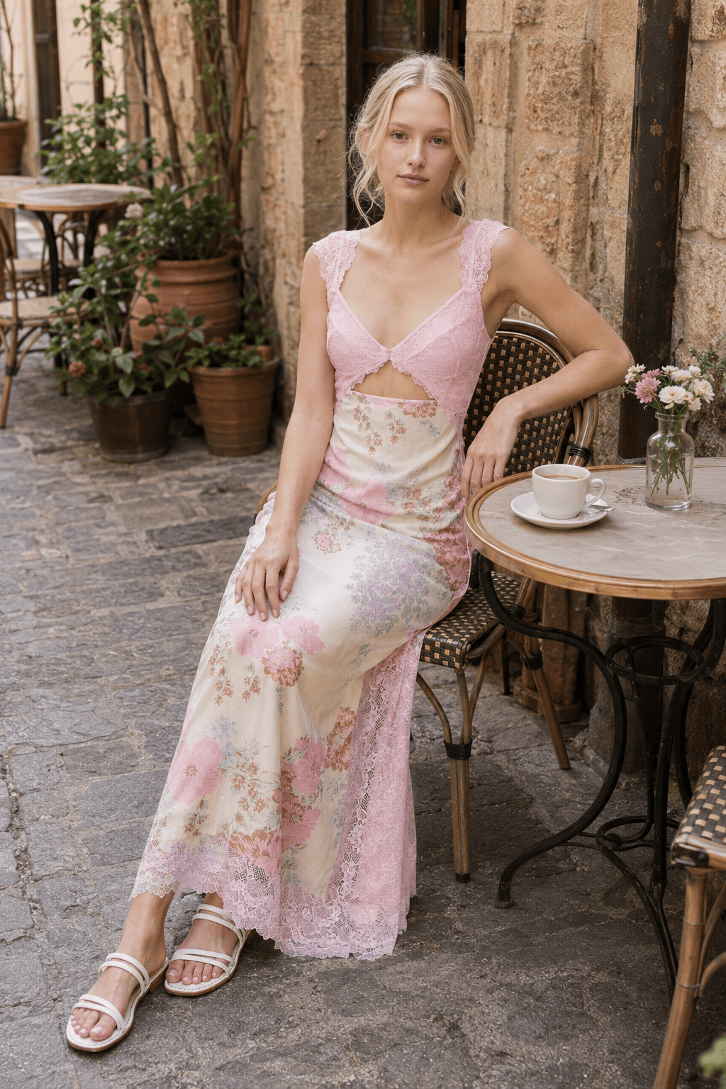 Lace Patchwork Strap Backless Slit Maxi Floral Dress