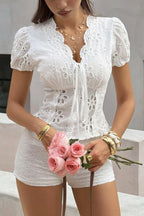 Puff Sleeve Cutout Embroidered Elegant Blouse
