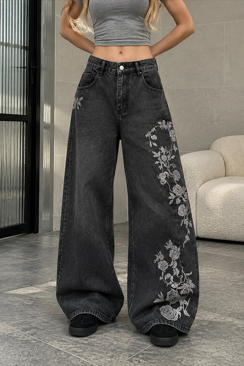 Floral Vine Embroidered Wide Leg Jeans Secondary image