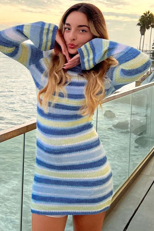 Striped Knit Backless Bell-Sleeve Sweater Dress Main image