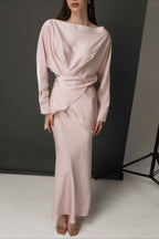 Solid Satin Cinched Waist Skirt Set