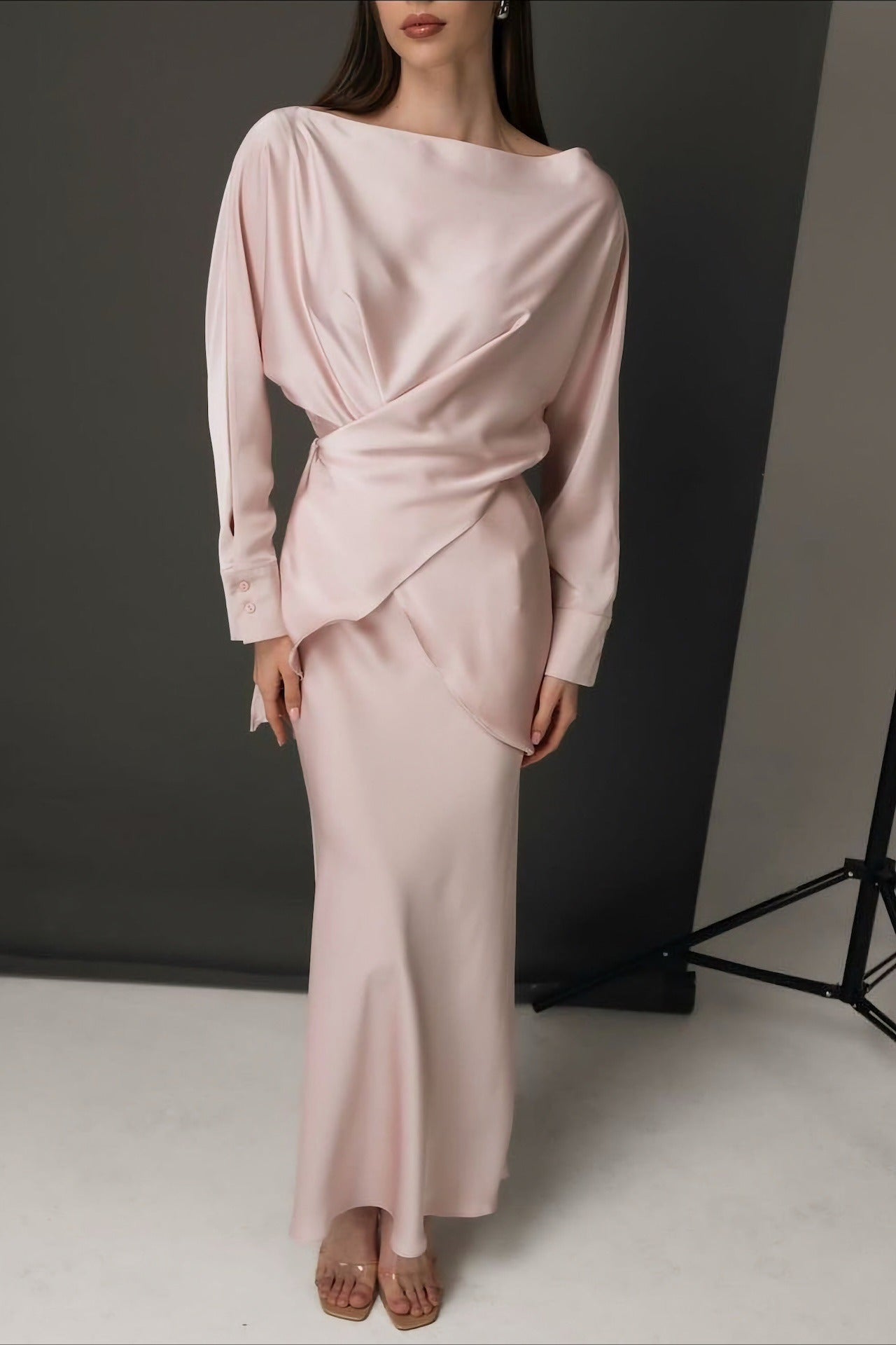 Solid Satin Cinched Waist Skirt Set