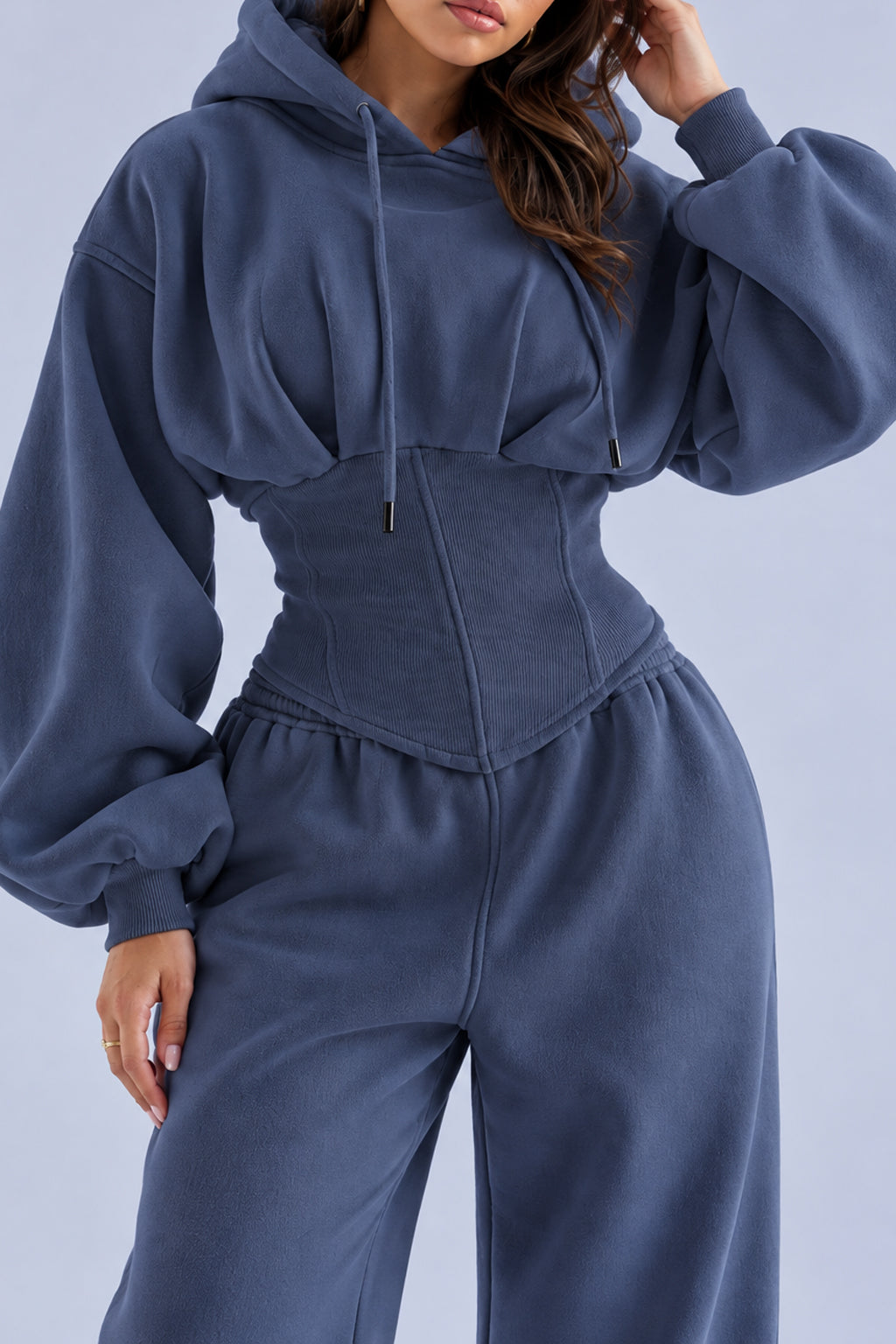 Corset Waist Zip Front Wide Leg Hoodie Two Piece Set