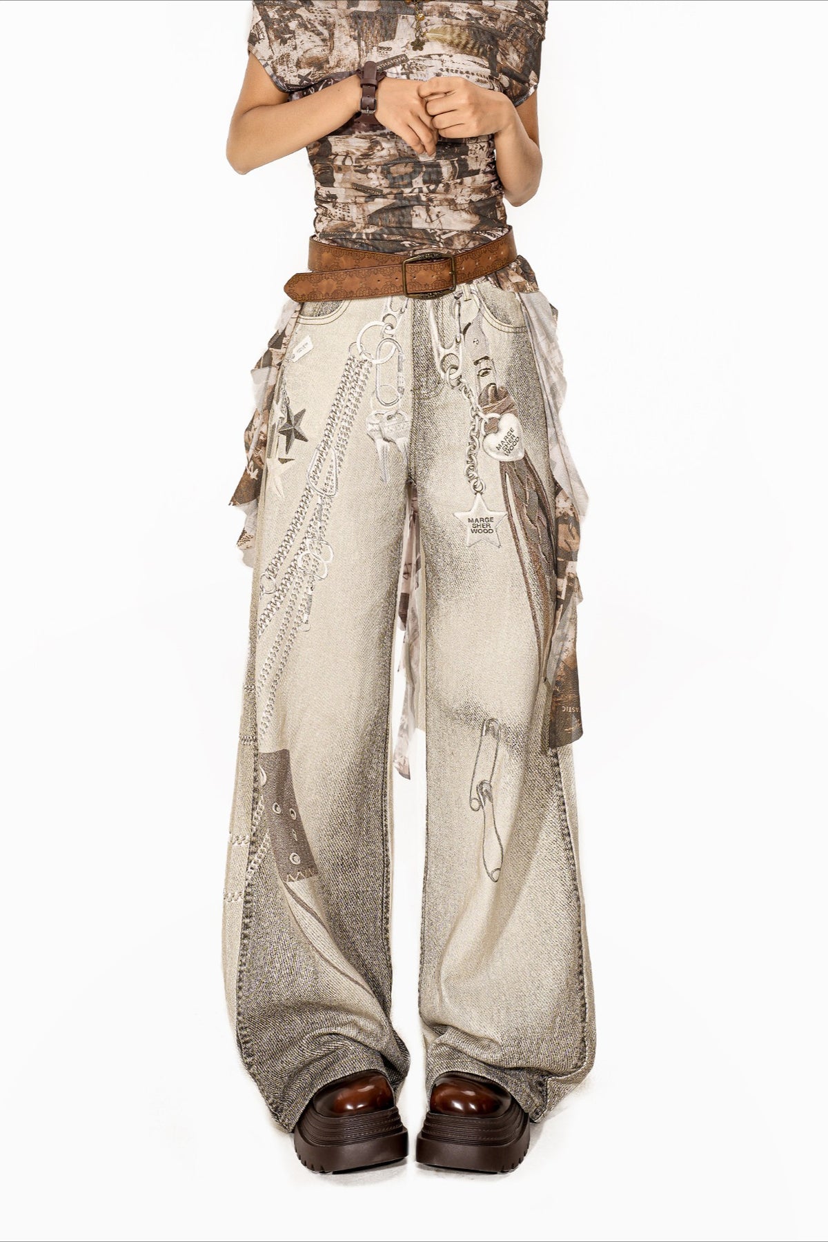 Deconstructed Washed Wide Leg Denim Pants Main image