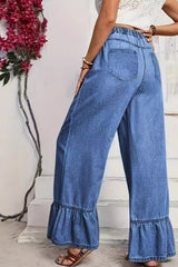 Ruffled Wide Leg Straight Loose Floor Length Jeans