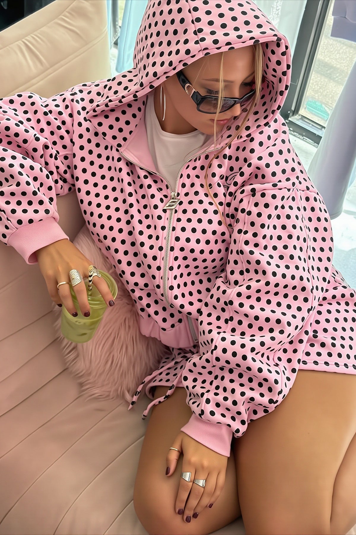Polka Dot Colorblock Zip-Up Hoodie