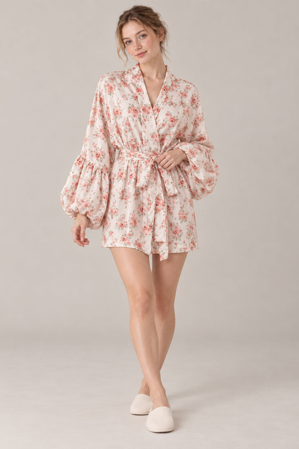 Satin Floral Print Puff Tie A Line Mini Dress