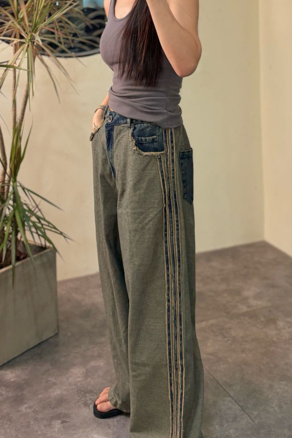 Striped Color Block Drawstring Loose Wide Leg Straight Jeans Secondary image