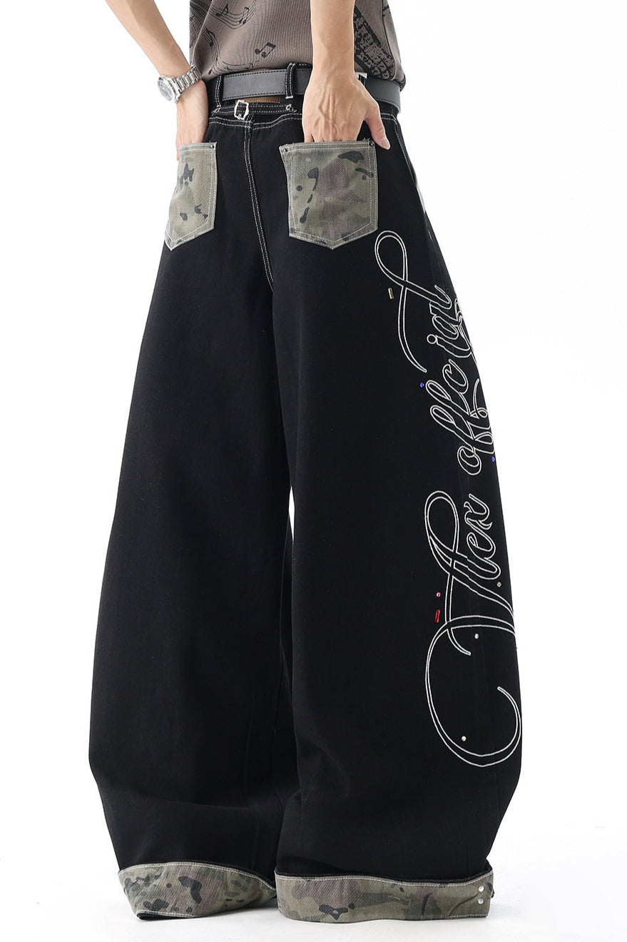 Camouflage Panel Letter Embroidered Wide Leg Jeans