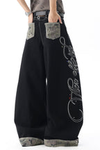 Camouflage Panel Letter Embroidered Wide Leg Jeans