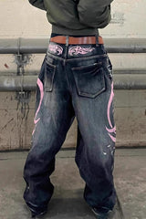 Vintage Printed Washed Distressed Wide Leg Denim Jeans