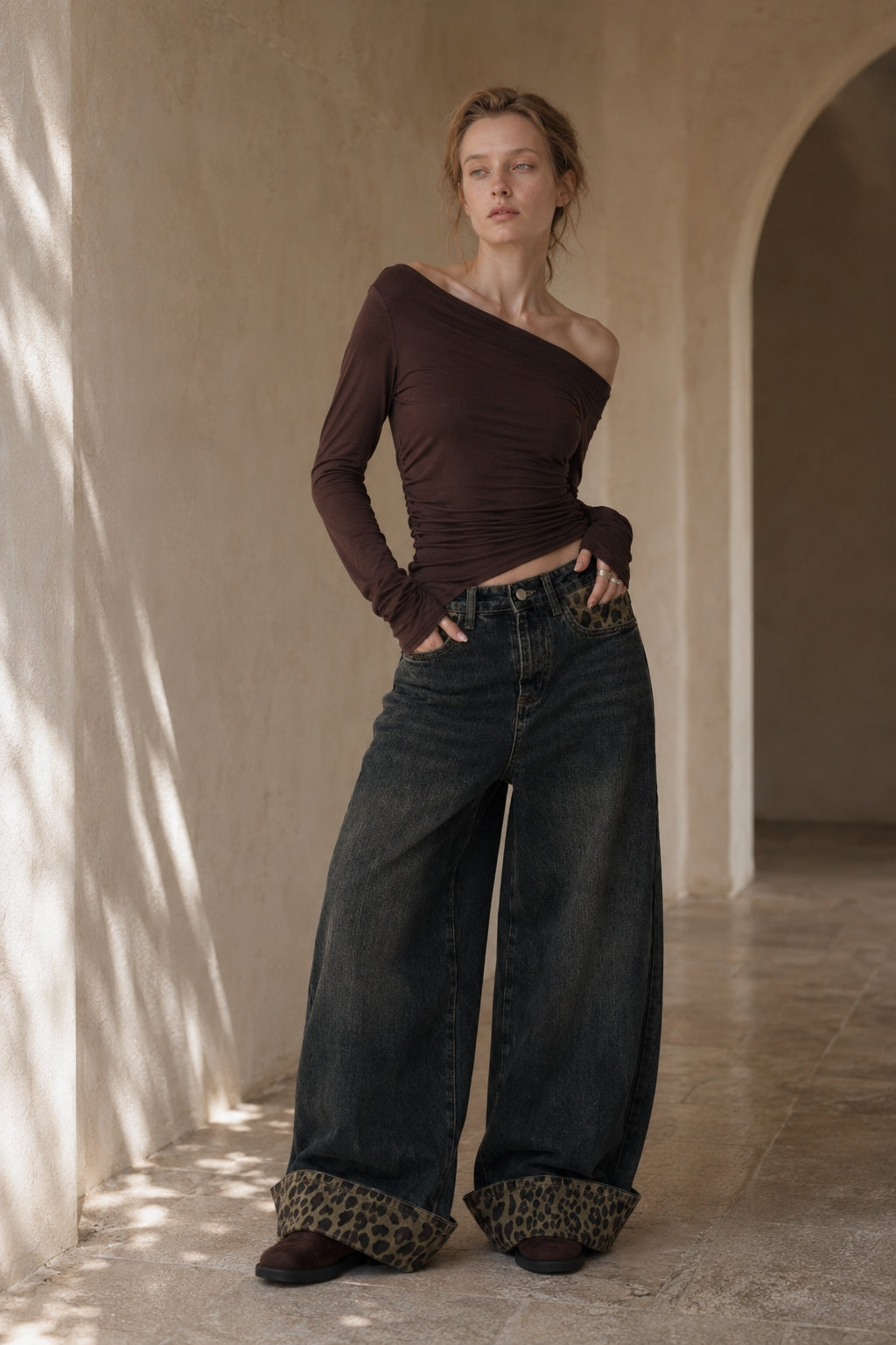 Patchwork Vintage Leopard Cuffed Wide Leg Jeans