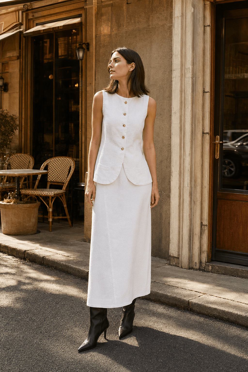 White Square Neck Sleeveless Vest Skirt Work Set Main image