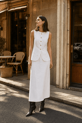 White Square Neck Sleeveless Vest Skirt Work Set