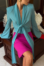 Draped Tie Neck Bell Sleeve Long Sleeved T-shirts