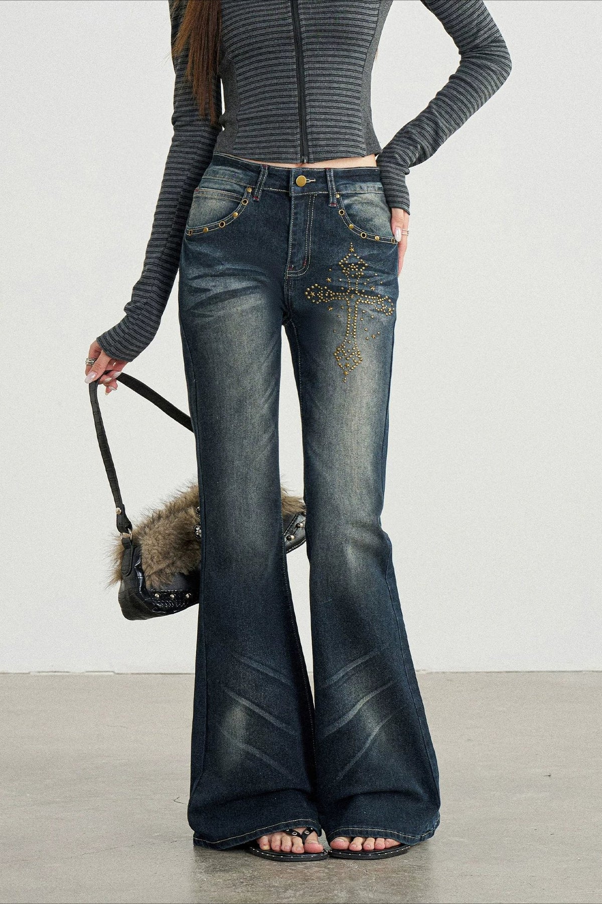 Rhinestone Cross Distressed Black Flare Jeans