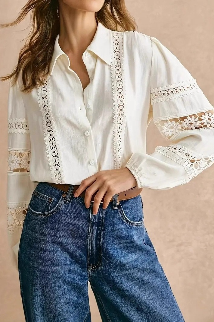 Elegant Lace Trim Cutout Panel Long Sleeve Blouse Main image