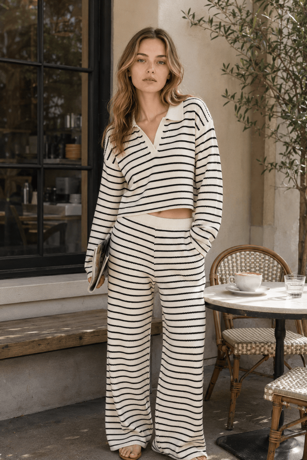 Striped Long Sleeve Pullover Wide Leg Two Piece Set Secondary image
