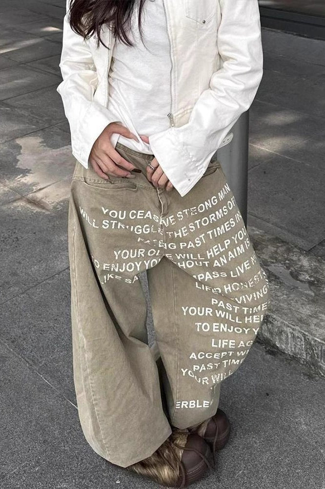 Vintage Washed Letter Print Wide Leg Slim Floor Length Jeans Main image