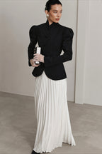 Puff Shoulder Stand Collar Button Front Tailored Coat