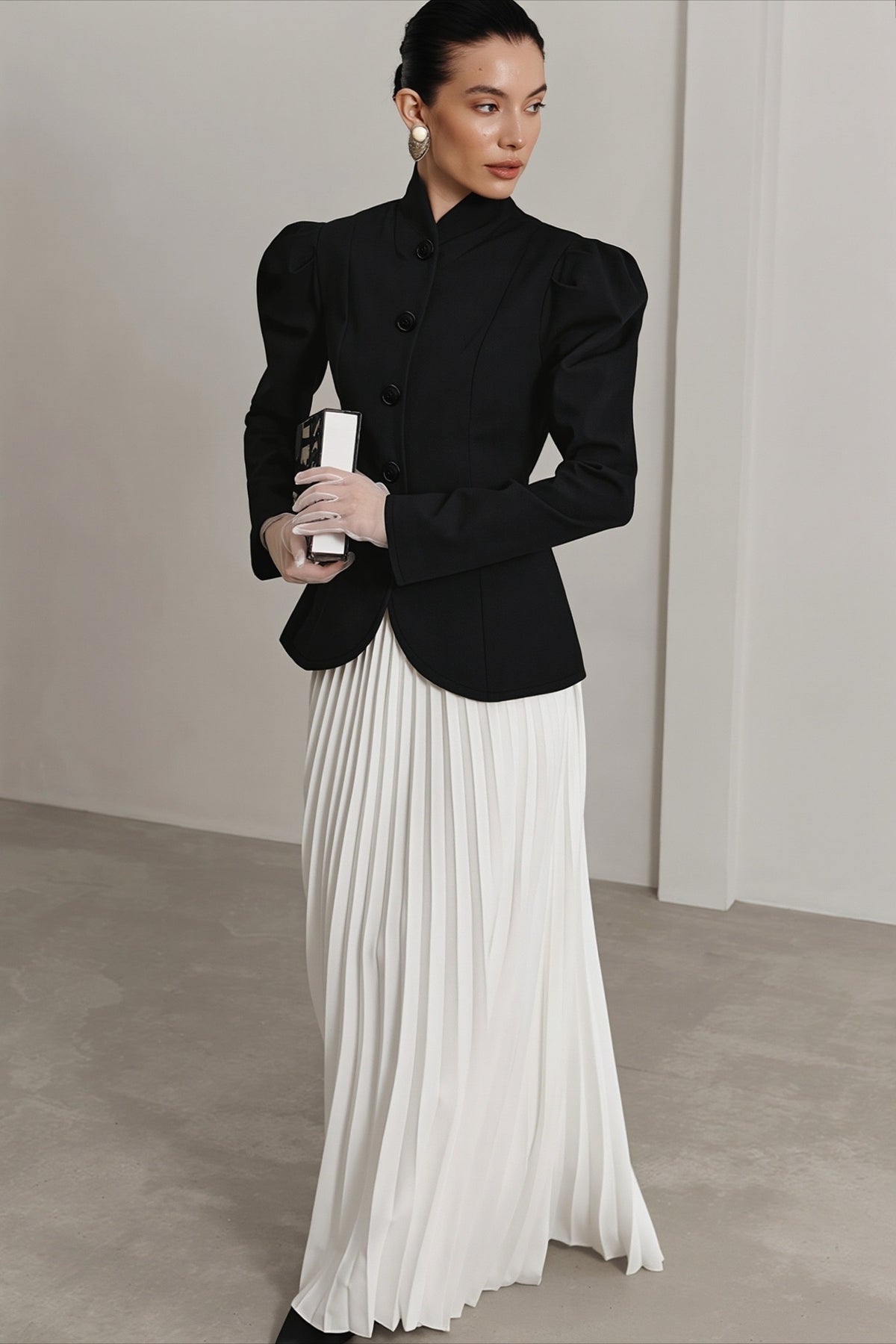 Puff Shoulder Stand Collar Button Front Tailored Coat