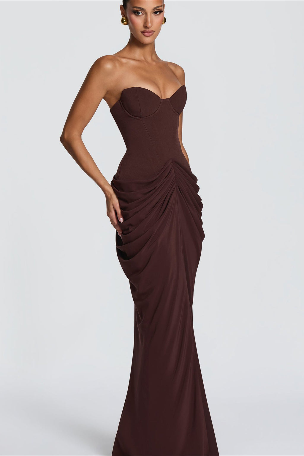 Strapless Sweetheart Corset Ruched Maxi Dress