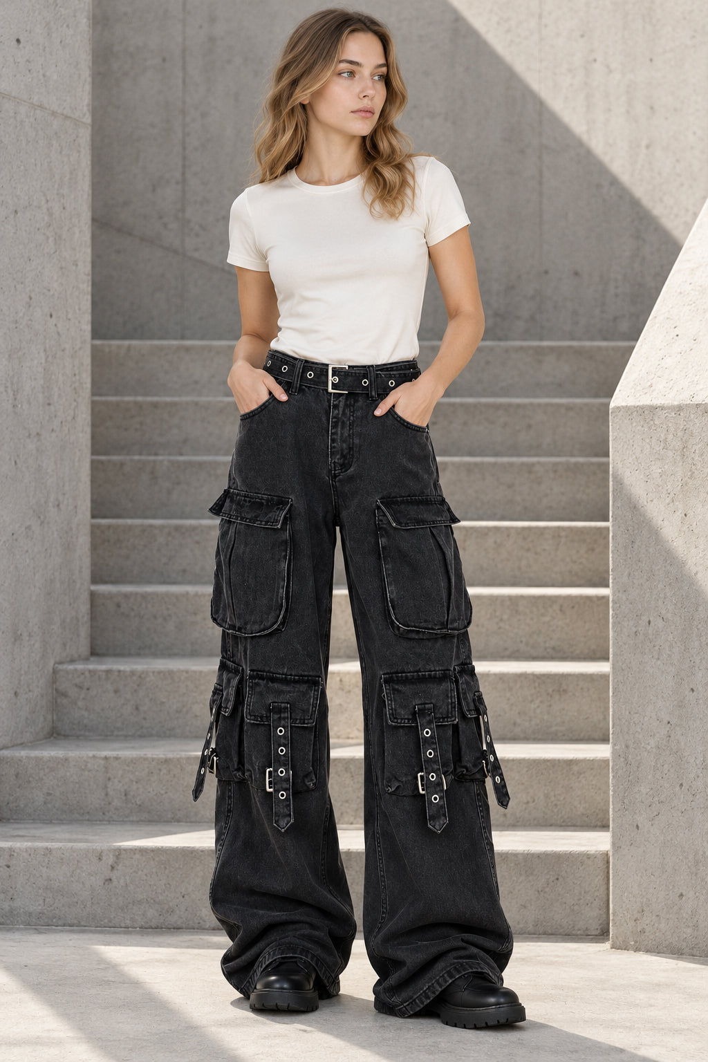 Multi Pocket Strap Wide Leg Cargo Jeans