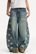 Star Panel Faded Barrel Leg Jeans