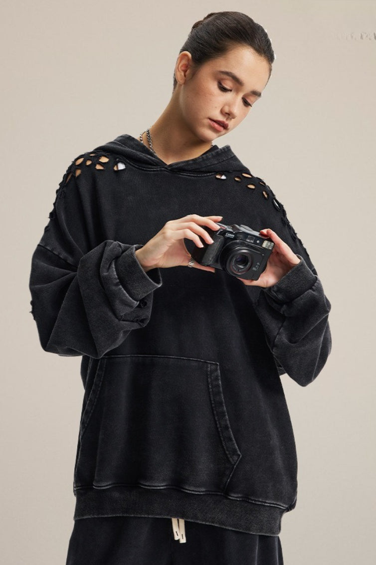 Ripped Washed Snow Print Hoodie Main image