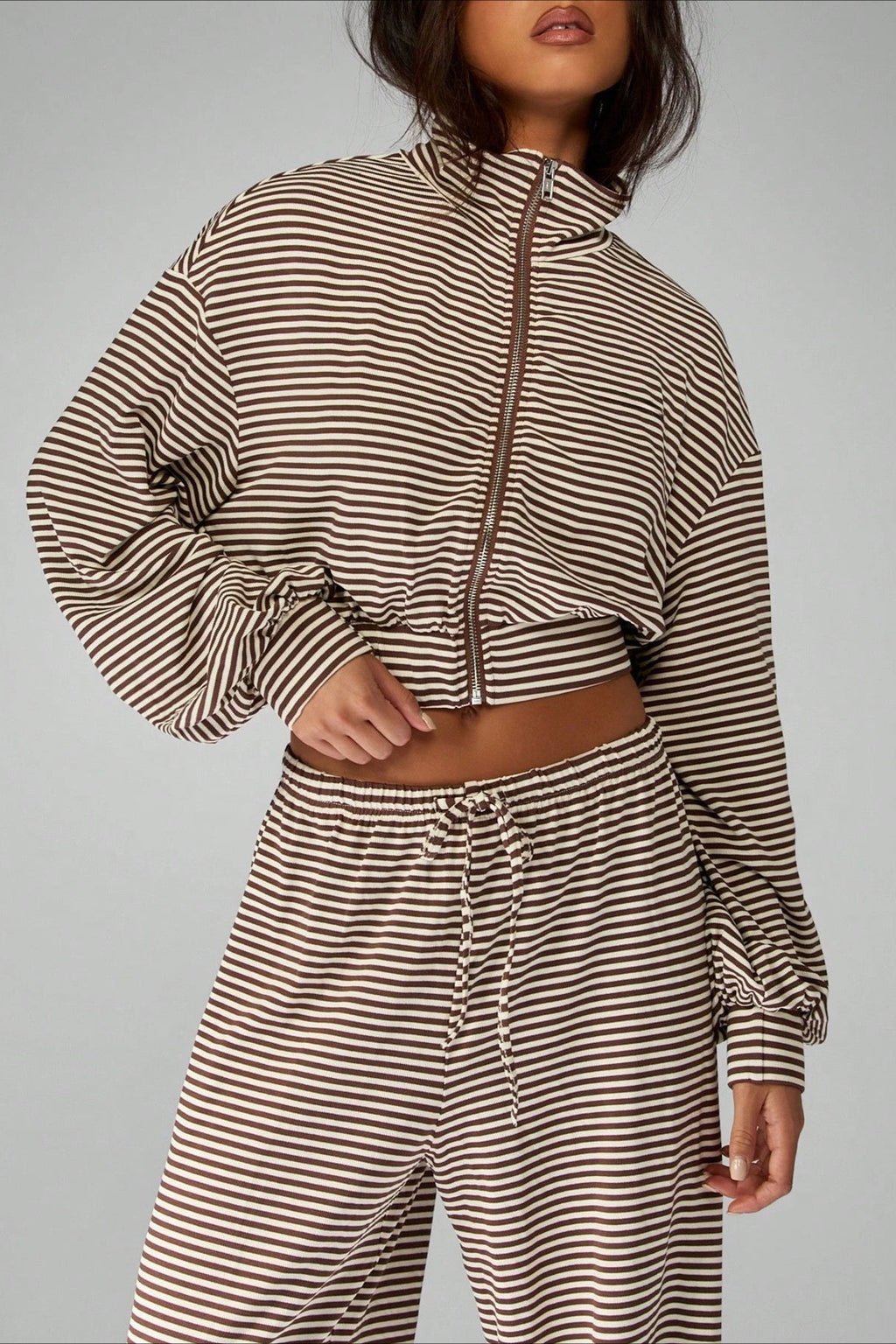 Micro Stripe Zip Jacket Wide Leg Pants Two Piece Set