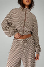 Micro Stripe Zip Jacket Wide Leg Pants Two Piece Set