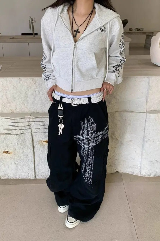 Letter Print Wide-Leg Baggy Jeans Secondary image