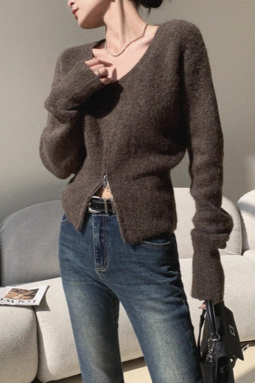 Brown V-Neck Soft Knit Top Main image