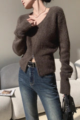 Brown V-Neck Soft Knit Top