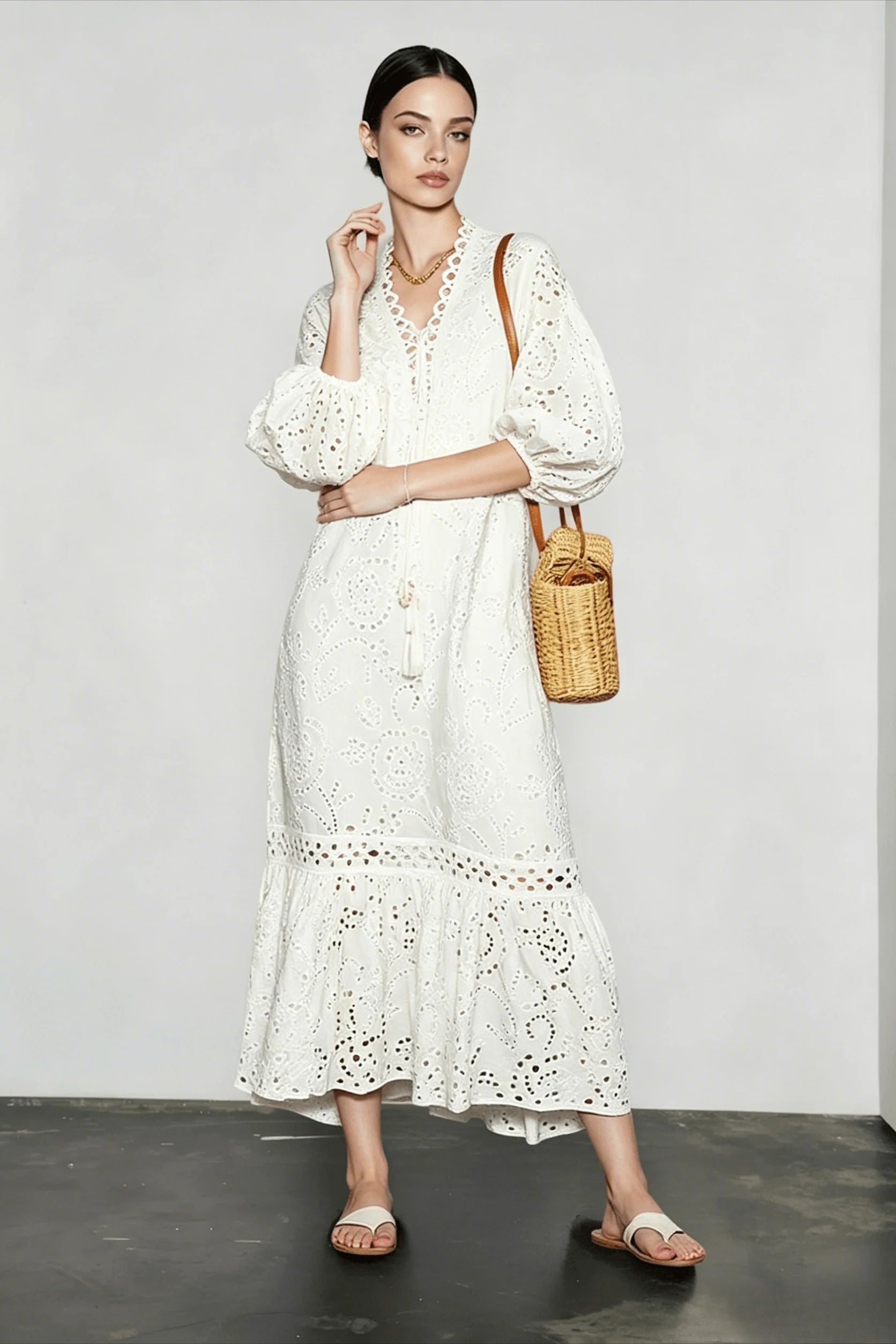 Embroidered Puff Sleeve White Midi Vacation Dress Secondary image