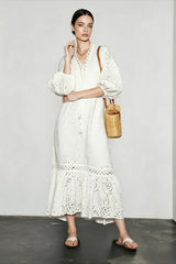 Embroidered Puff Sleeve White Midi Vacation Dress