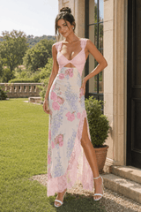 Sexy Lace Panel Cutout Slit Slim Long Floral Dress