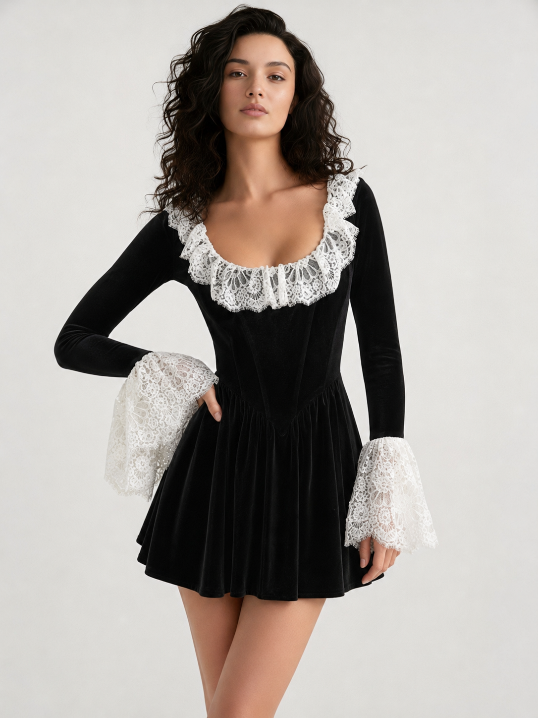 Sexy Square Neck Lace Trim Flared Sleeve Mini Dress Main image