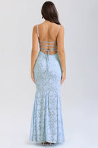 Tie Waist Sling Embroidered Mermaid Lace Dress