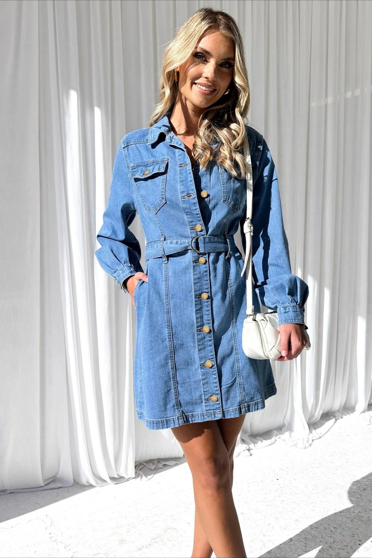 Button-Down Tie Waist Denim Dress Secondary image