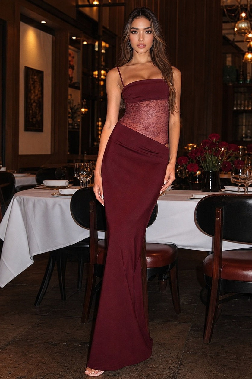 Off-Shoulder Lace Cami Slit Sheer Maxi Lace Dress Main image